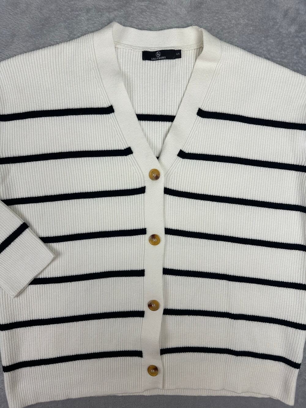 Lillusory Striped Knit Cardigan Sweater Womens Small White Black Chic Parisian
